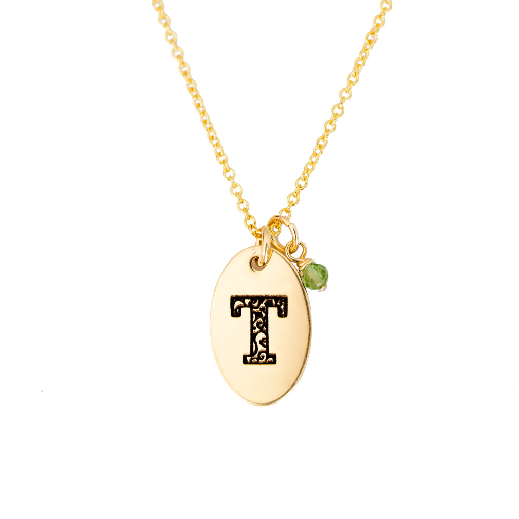 T - Birthstone Love Letters Necklace Gold and Peridot