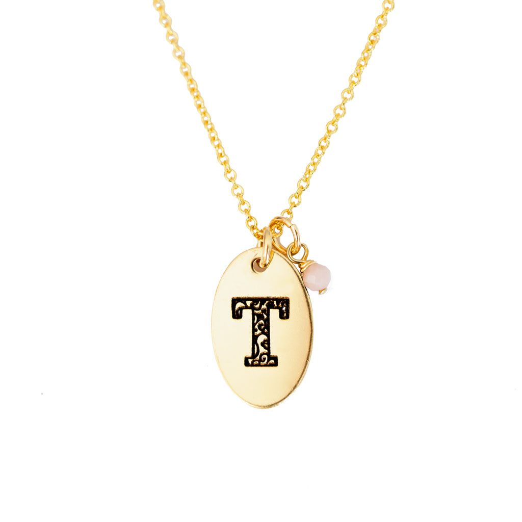 T - Birthstone Love Letters Necklace Gold and Pink Opal