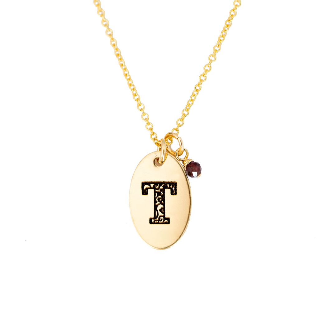 T - Birthstone Love Letters Necklace Gold and Red Garnet
