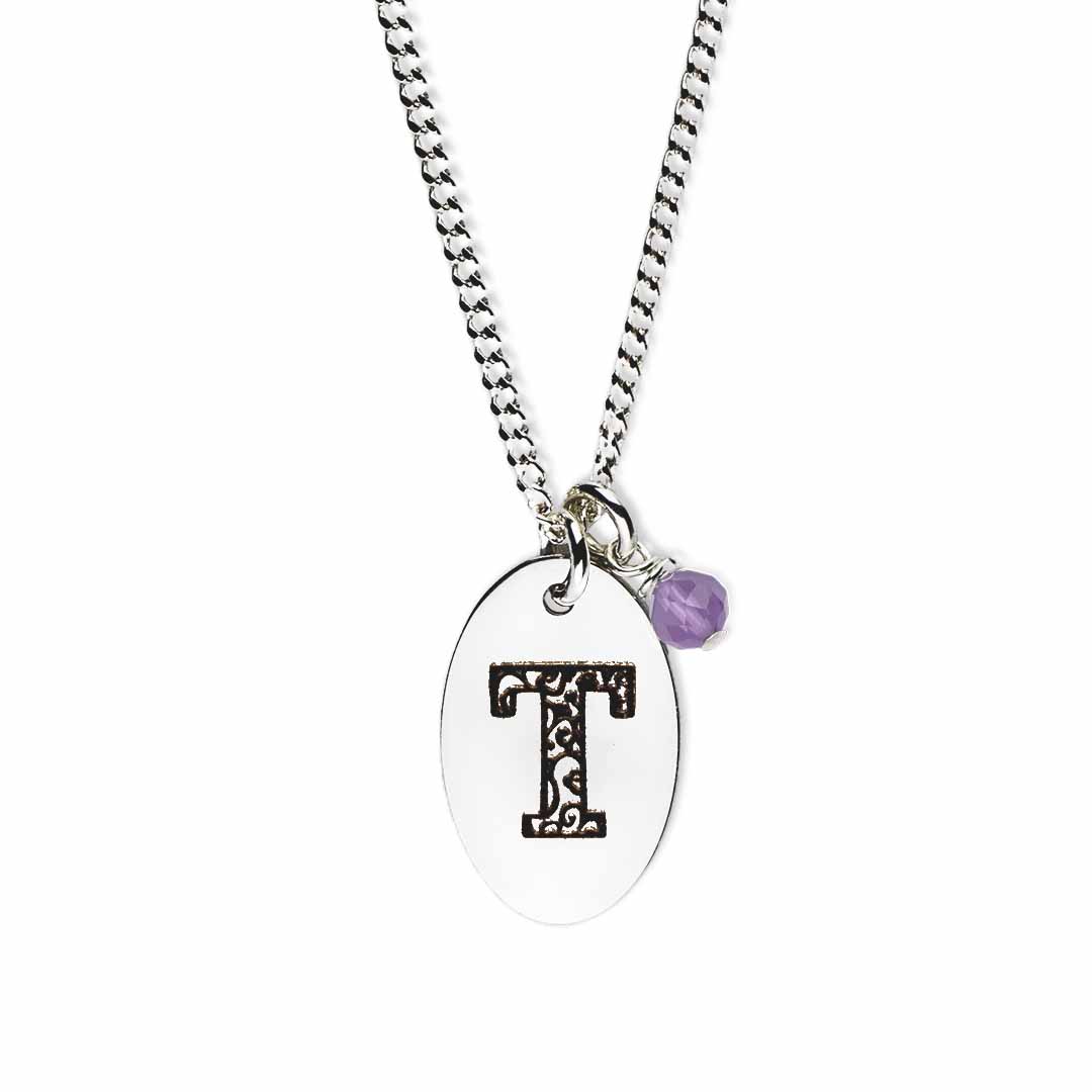 Initial-necklace-t-silver amethyst