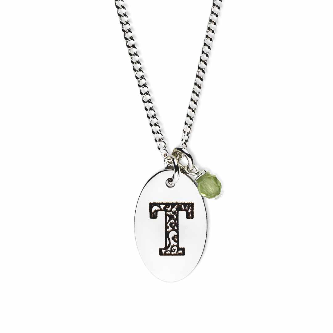 Initial-necklace-t-silver peridot