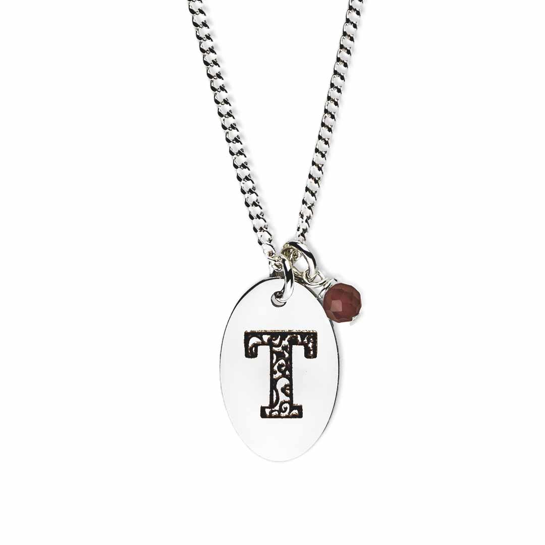 Initial-necklace-t-silver red garnet