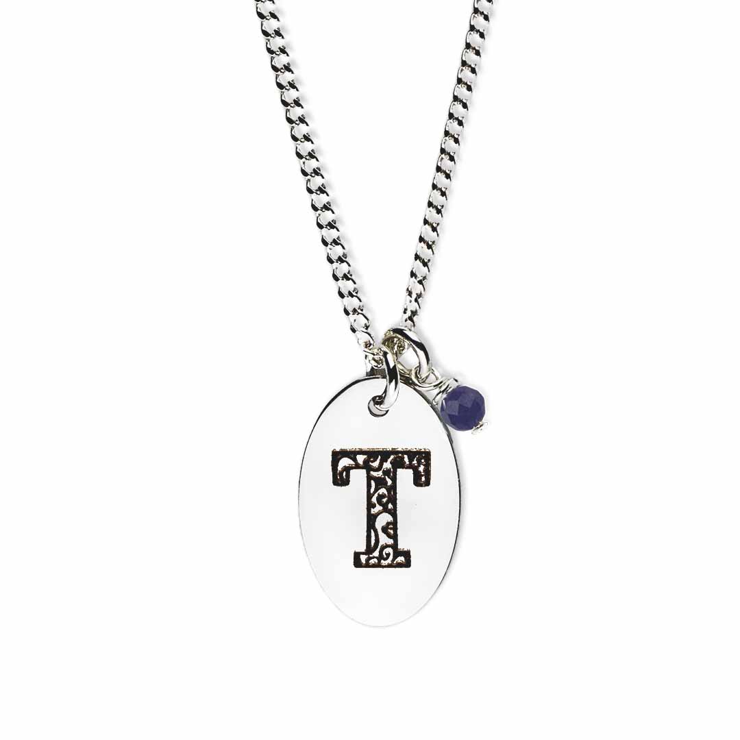 Initial-necklace-t-silver sapphire