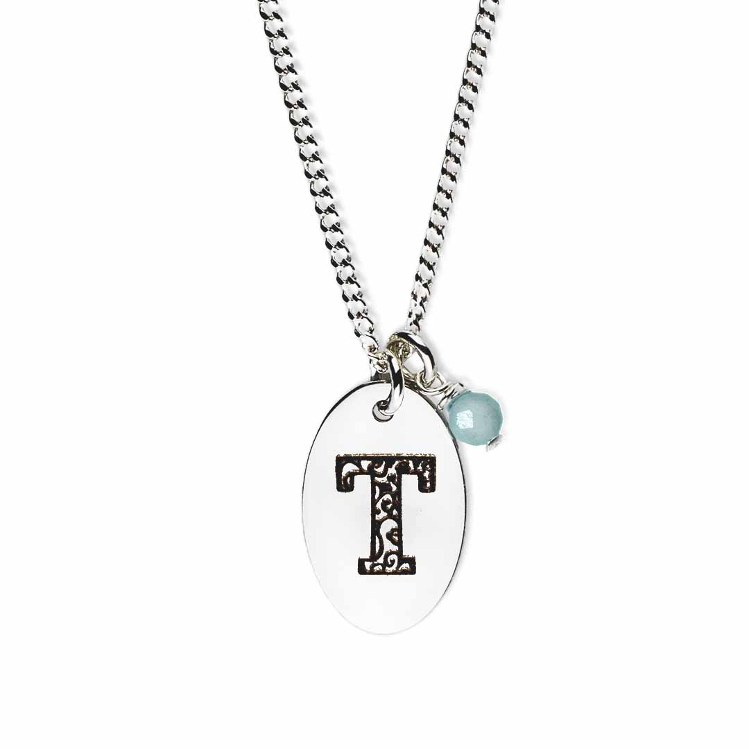 Initial-necklace-t-silver aquamarine