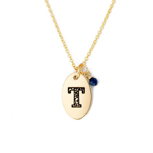 T - Birthstone Love Letters Necklace Gold and Sapphire