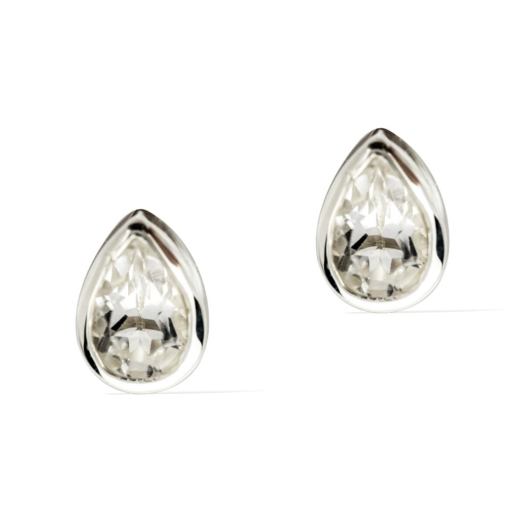 Teardrop Stud Earrings  -  Sterling Silver with Clear Quartz