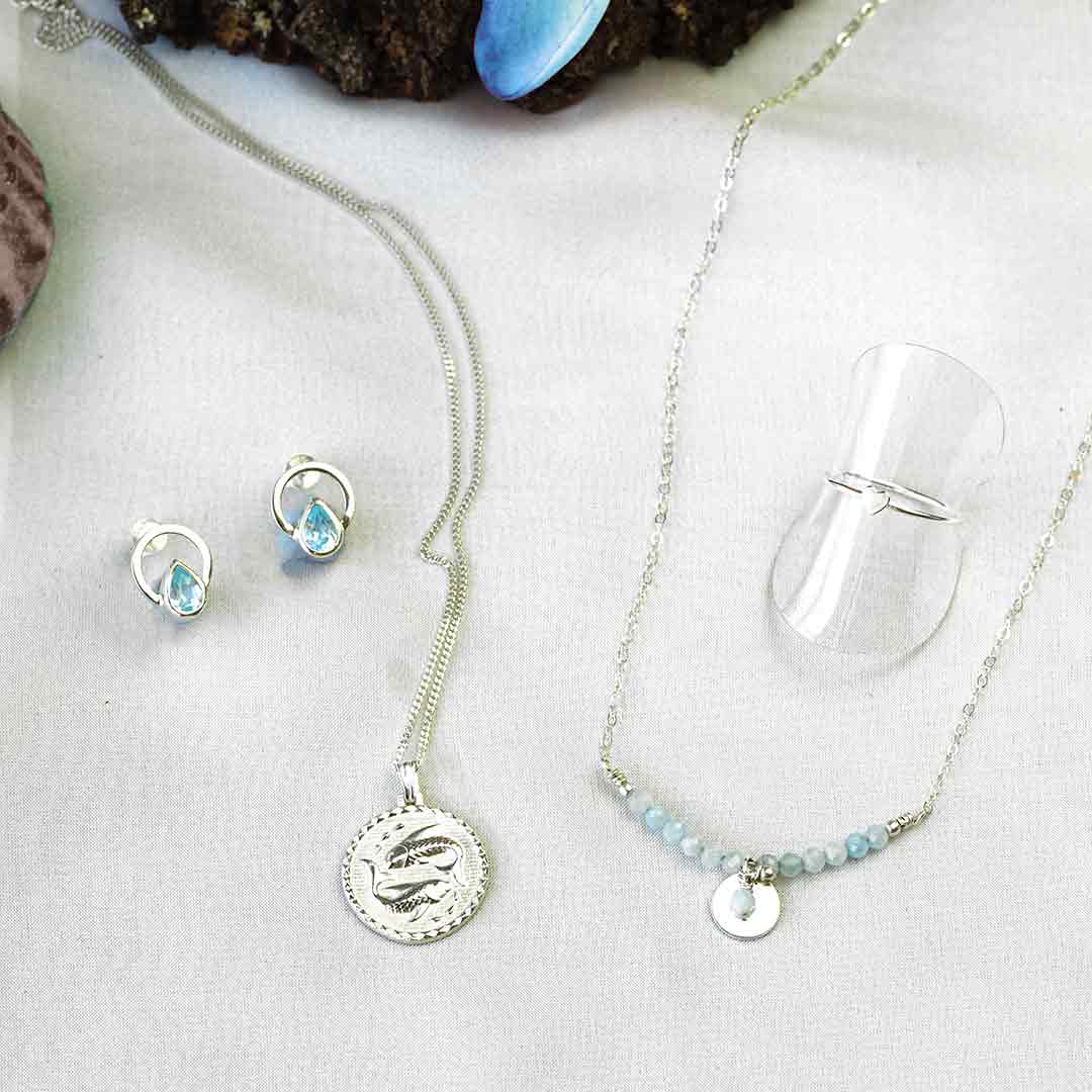 Teardrop single ray earrings, CE Pisces, Aura Aquamarine necklaces, Heart ring-silver