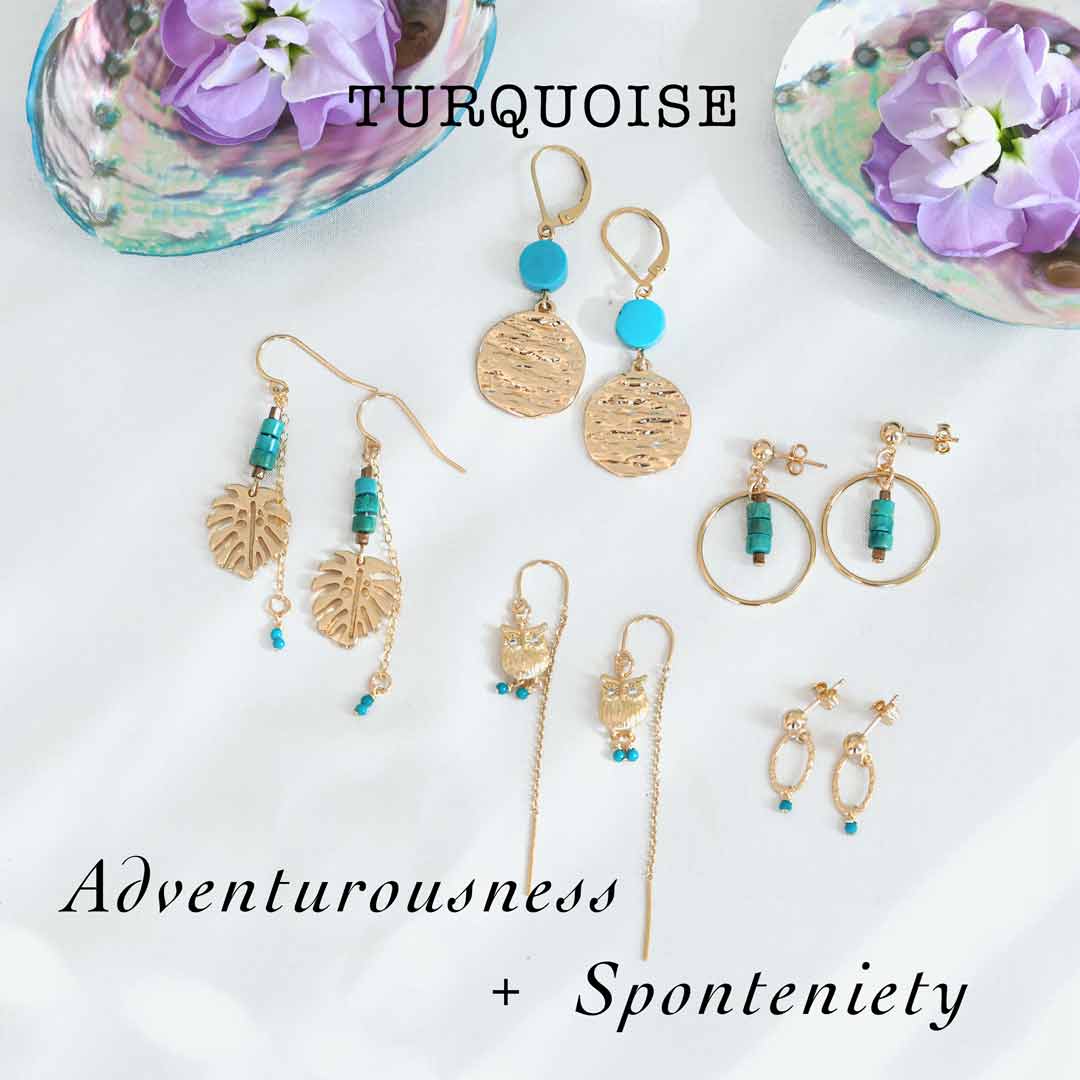 Turquoise-earrings-Atlantis,-Monstera,-Owl-Orbit-and-Halo-sage-gold-and-Turquoise