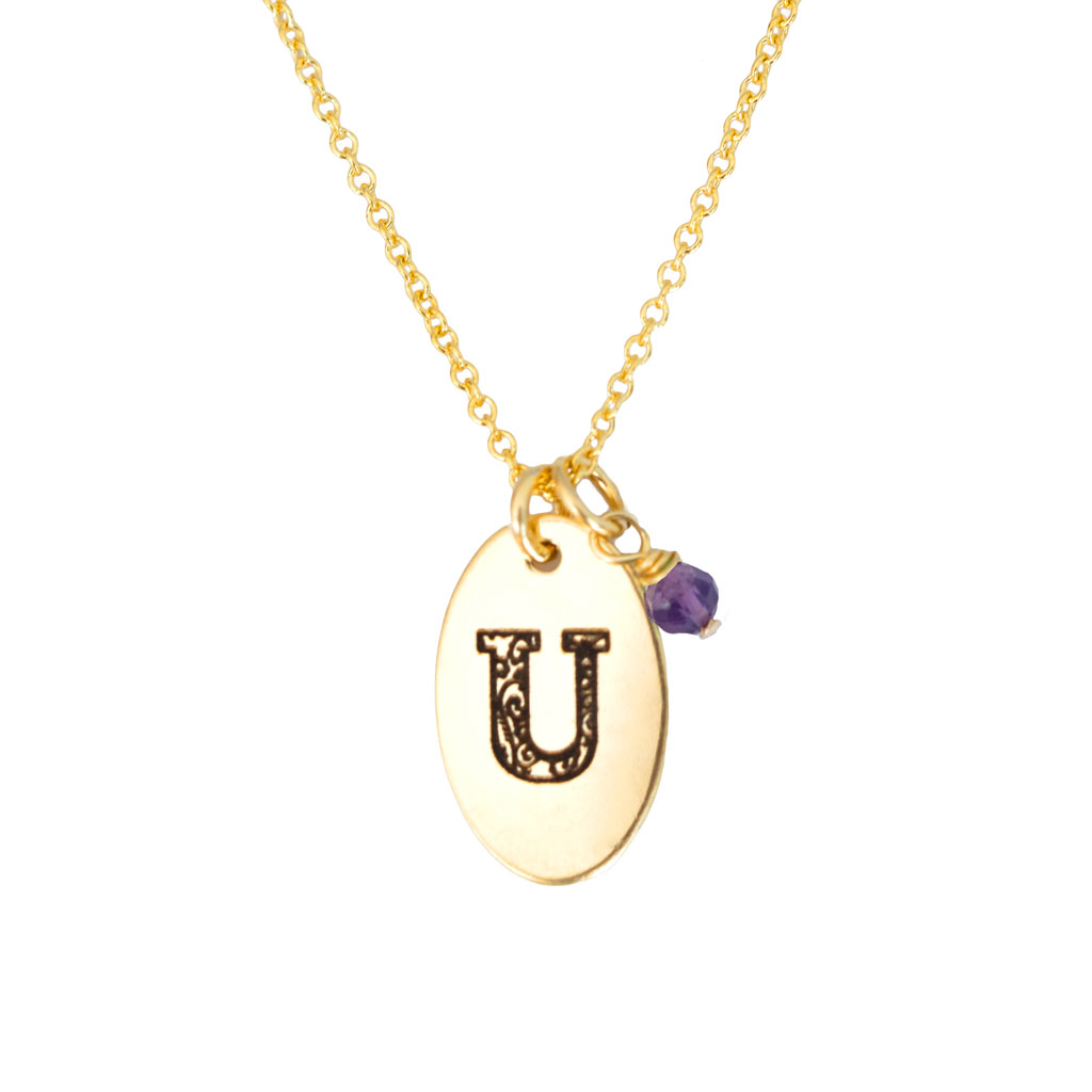 U - Birthstone Love Letters Necklace Gold and Amethyst
