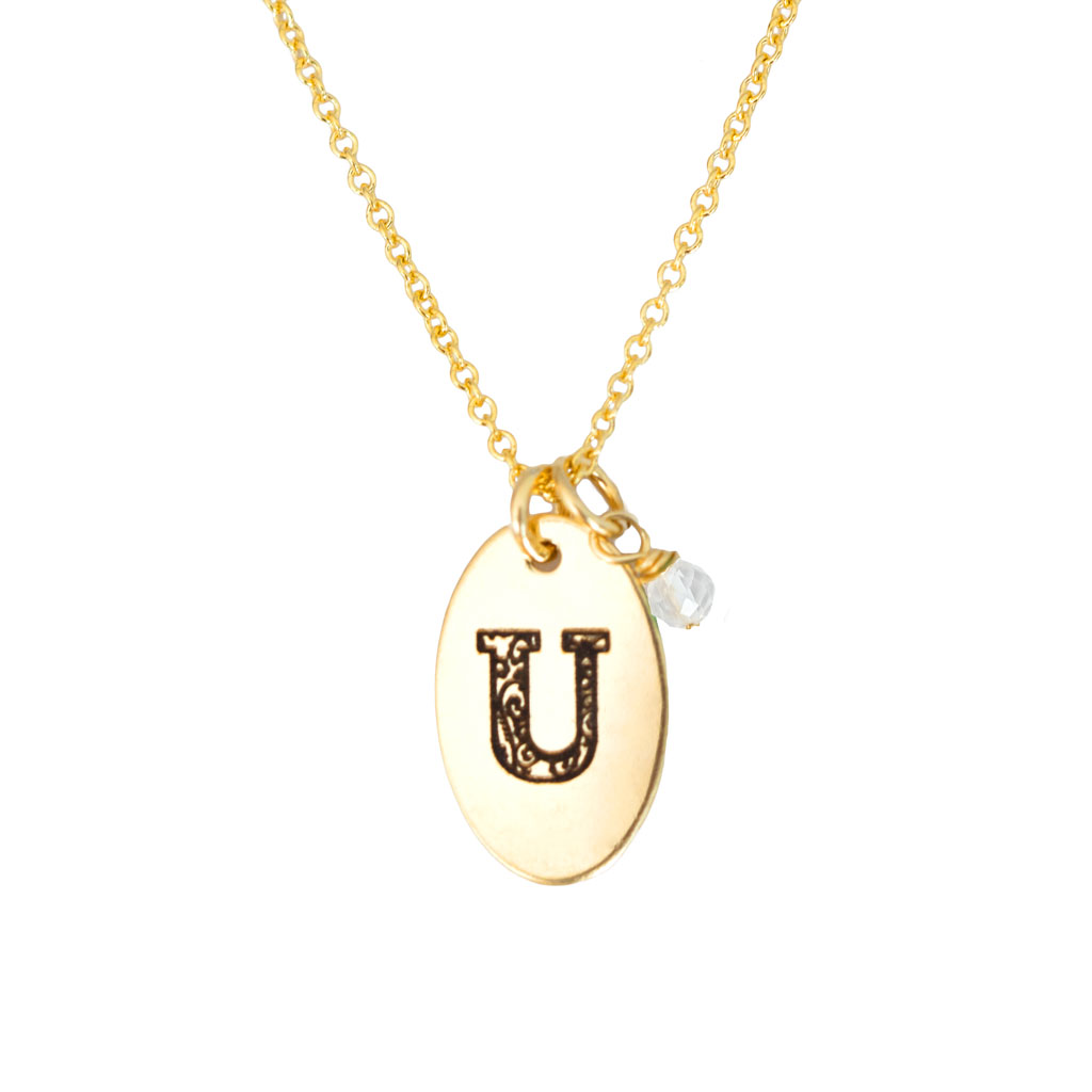U - Birthstone Love Letters Necklace Gold and Clear Quartz