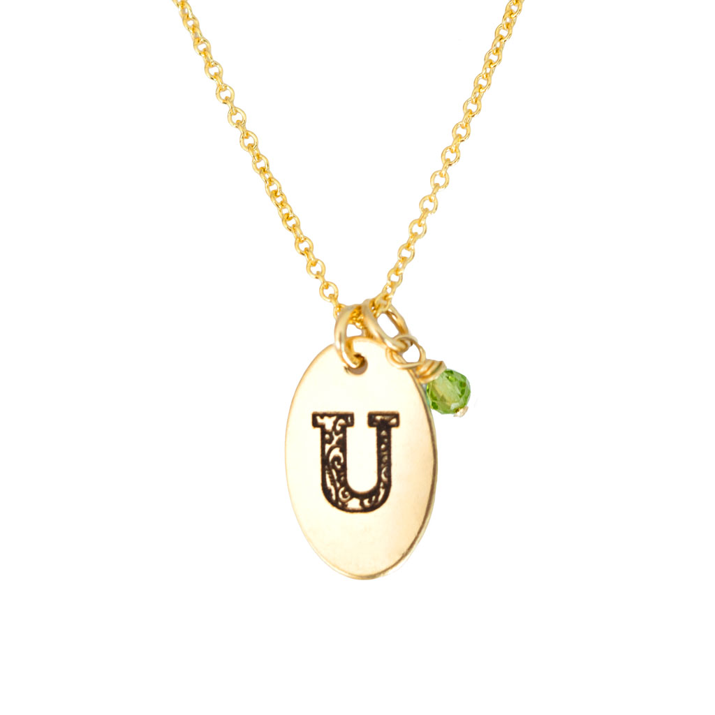 U - Birthstone Love Letters Necklace Gold and Peridot