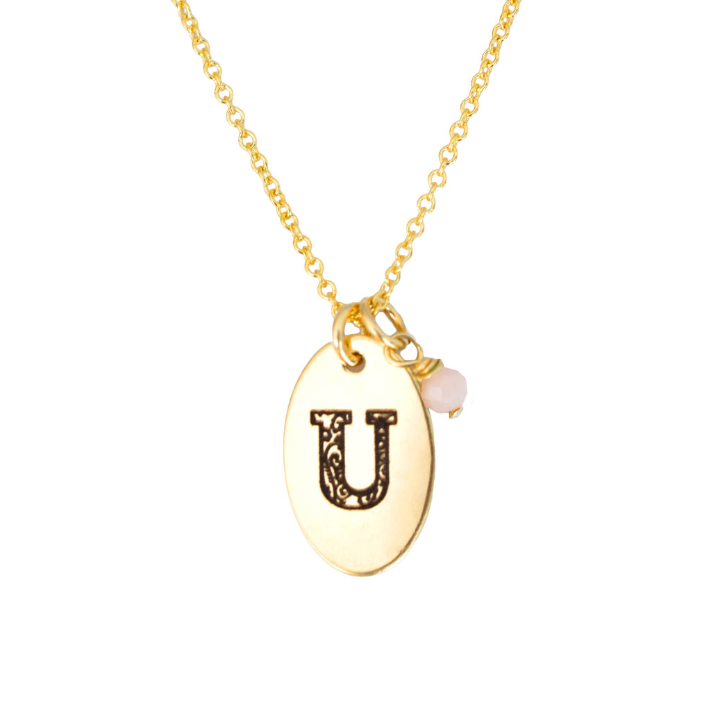 U - Birthstone Love Letters Necklace Gold and Pink Opal