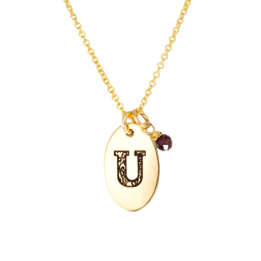 U - Birthstone Love Letters Necklace Gold and Red Garnet