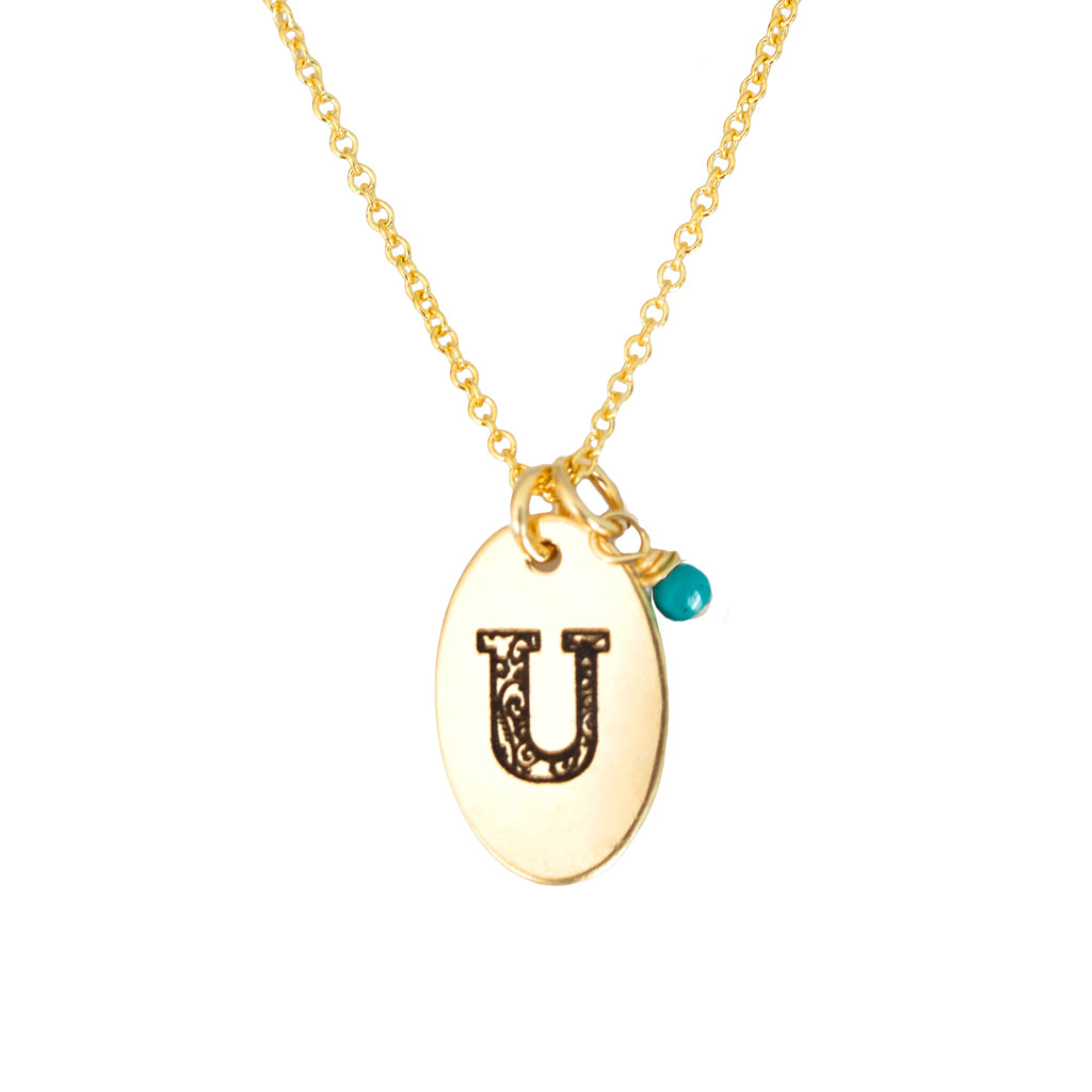 U - Birthstone Love Letters Necklace Gold and Turquoise