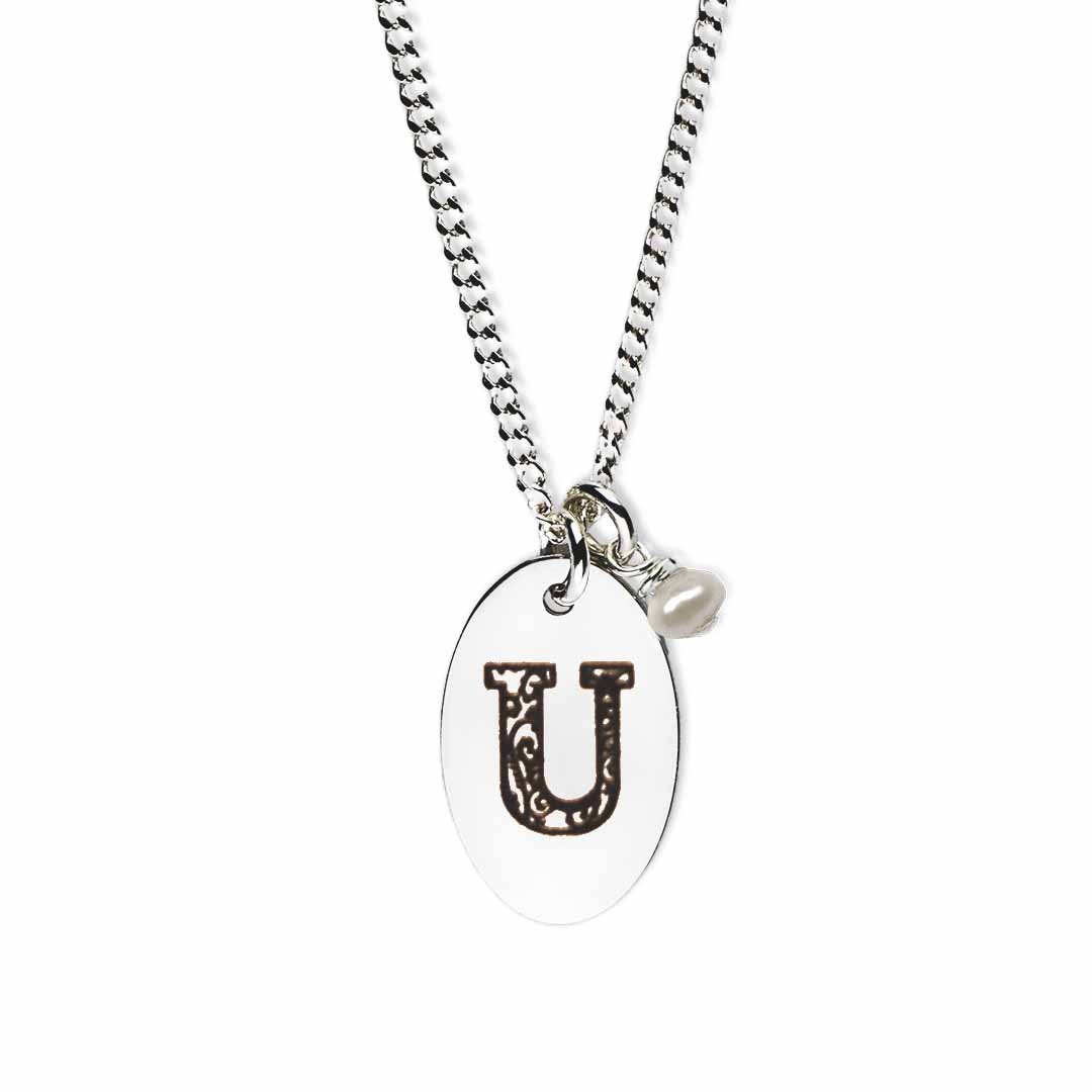 Initial-necklace-u-silver pearl