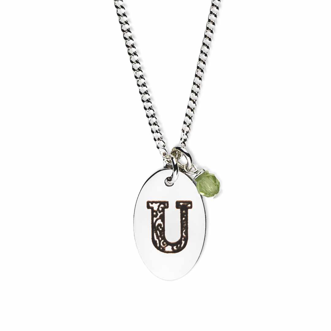Initial-necklace-u-silver peridot