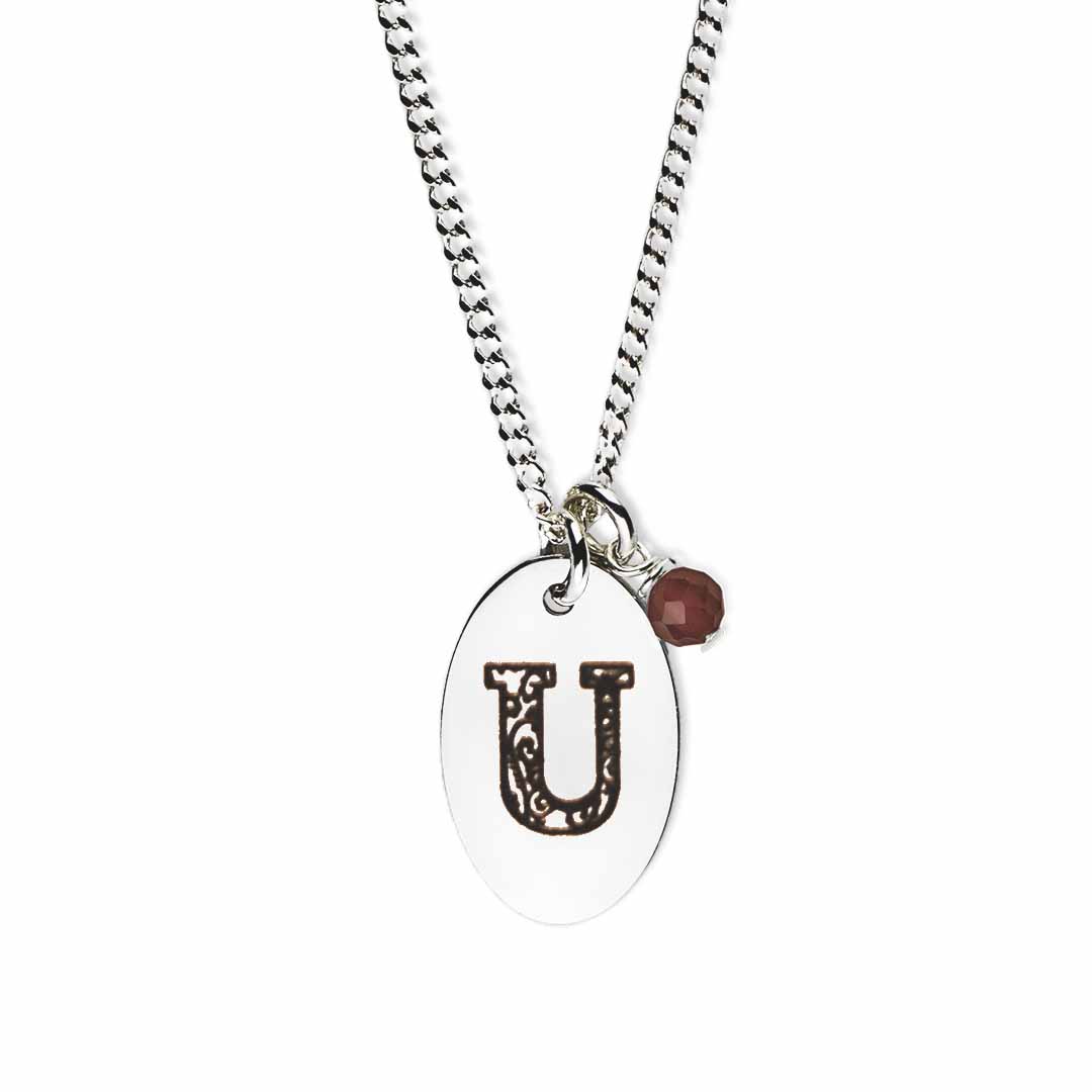 Initial-necklace-u-silver red garnet