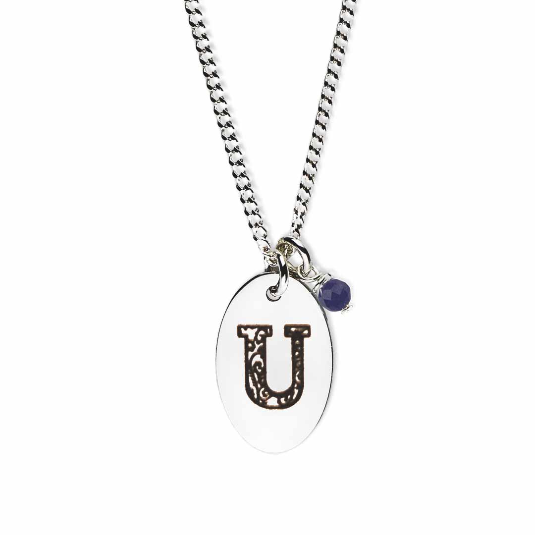 Initial-necklace-u-silver sapphire