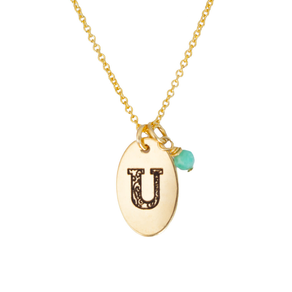 U - Birthstone Love Letters Necklace Gold and Emerald