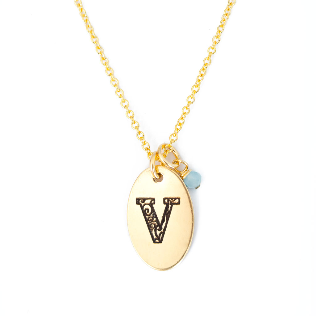 V - Birthstone Love Letters Necklace Gold and Aquamarine