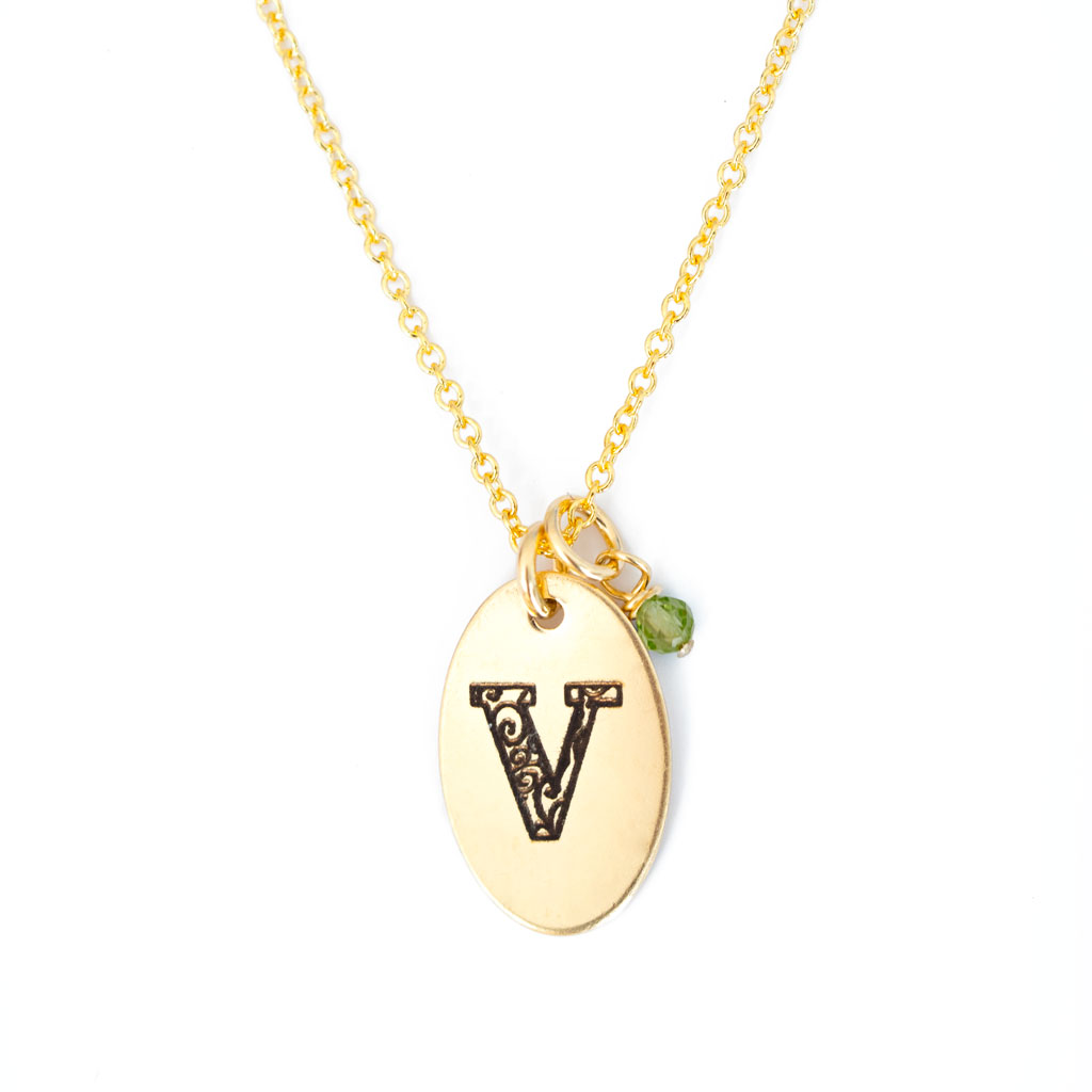 V - Birthstone Love Letters Necklace Gold and Peridot