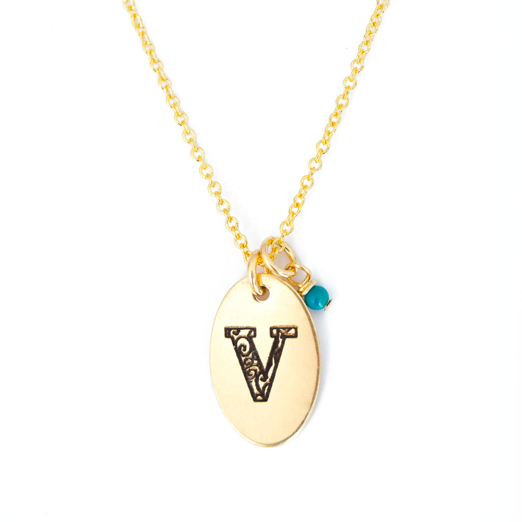 V - Birthstone Love Letters Necklace Gold and Turquoise