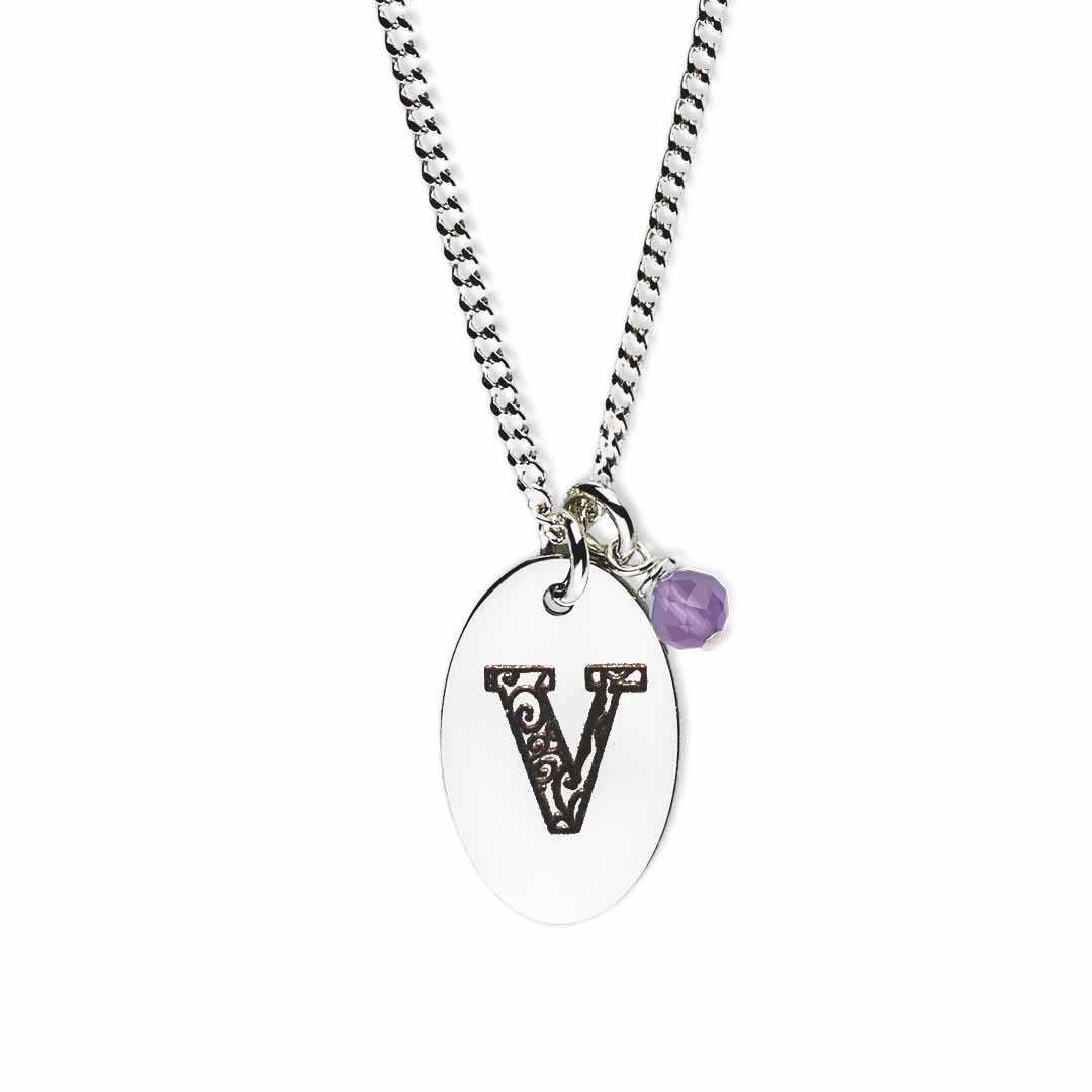 Initial-necklace-v-silver amethyst