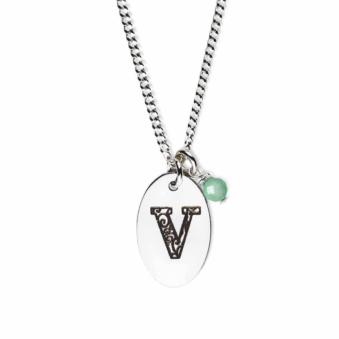 Initial-necklace-v-silver emerald