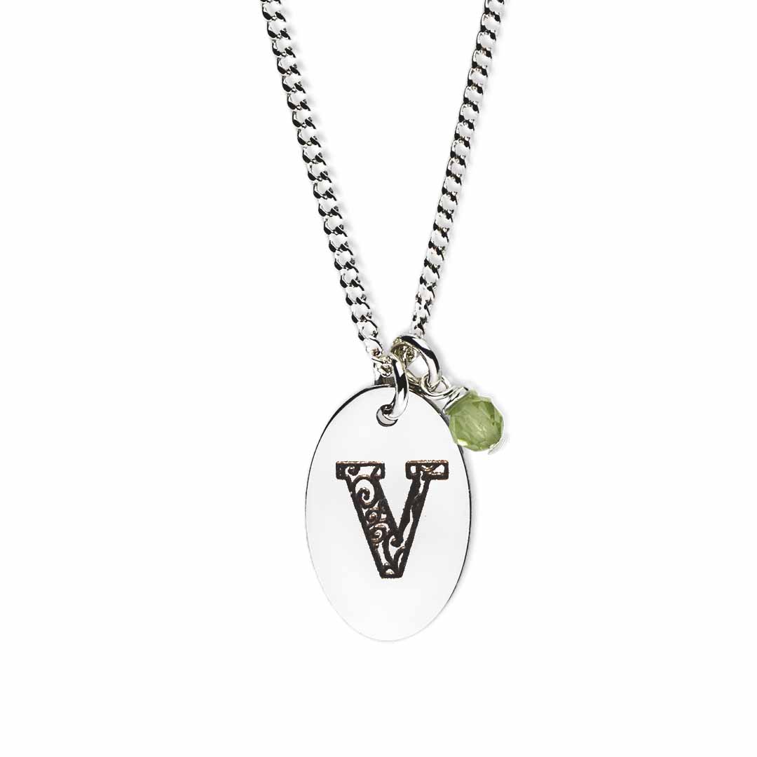 Initial-necklace-v-silver peridot