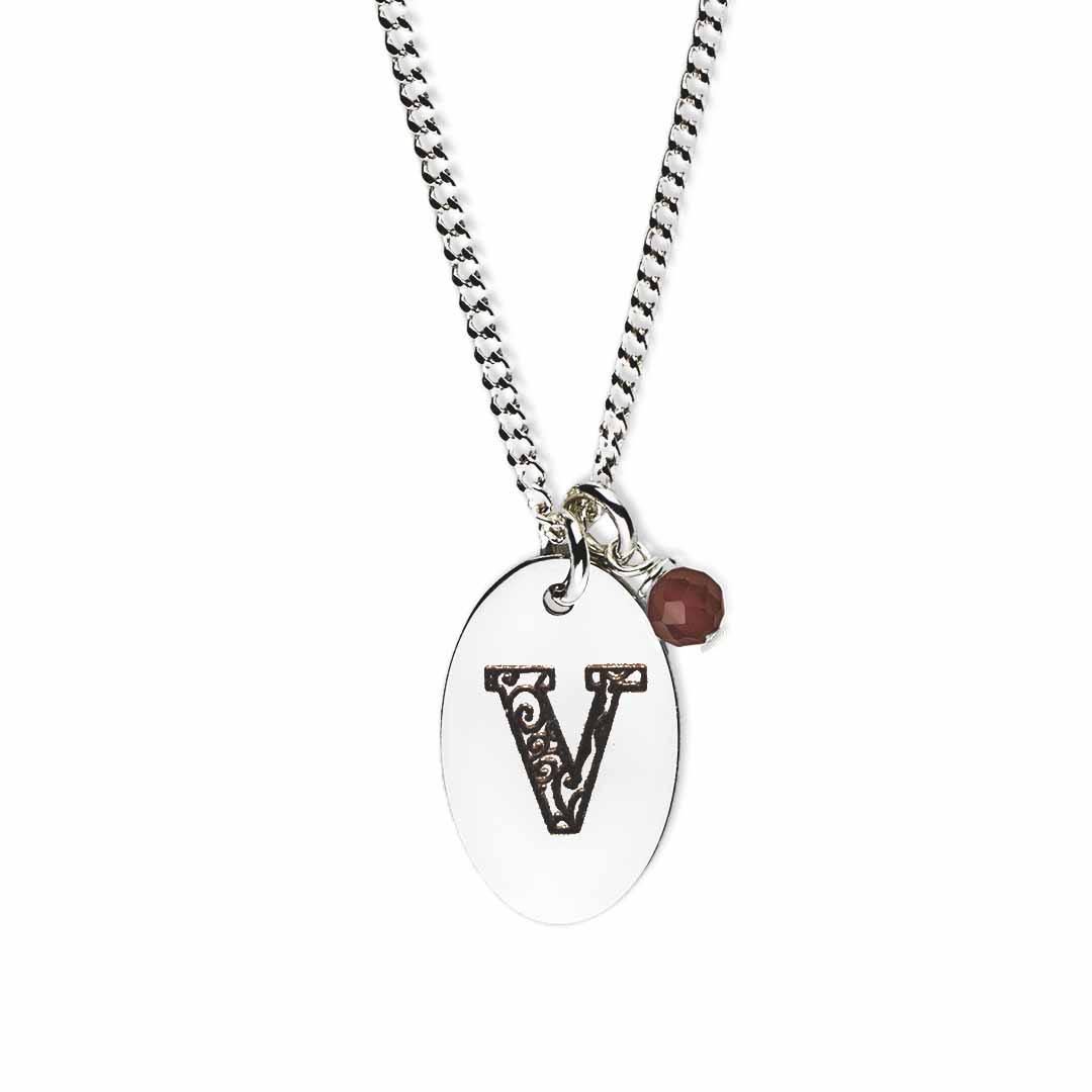 Initial-necklace-v-silver red garnet