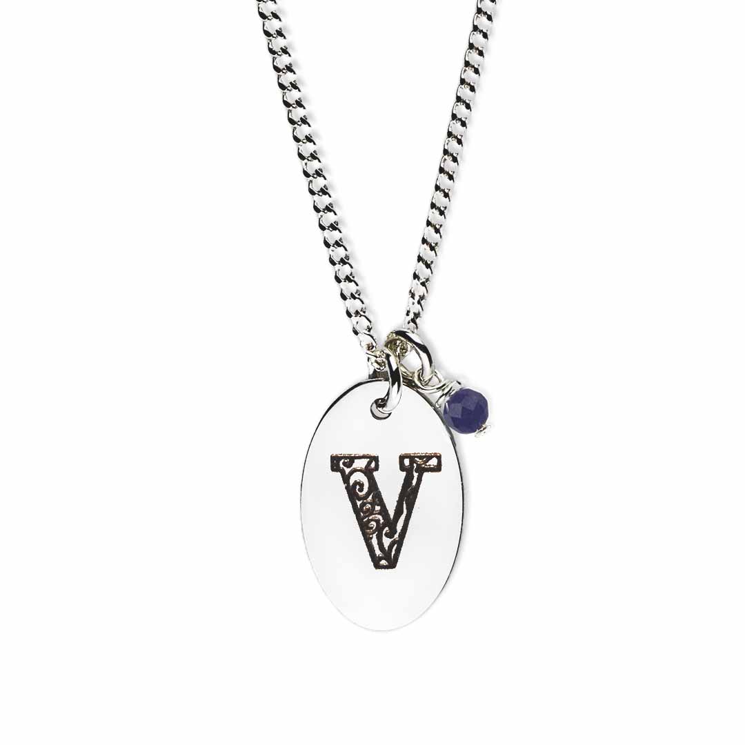 Initial-necklace-v-silver sapphire