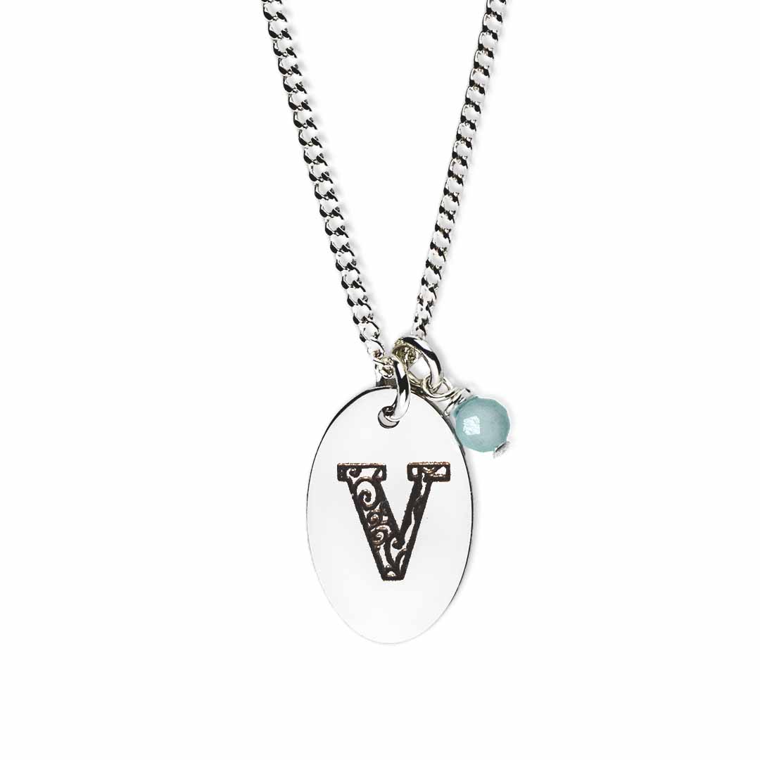 Initial-necklace-v-silver aquamarine