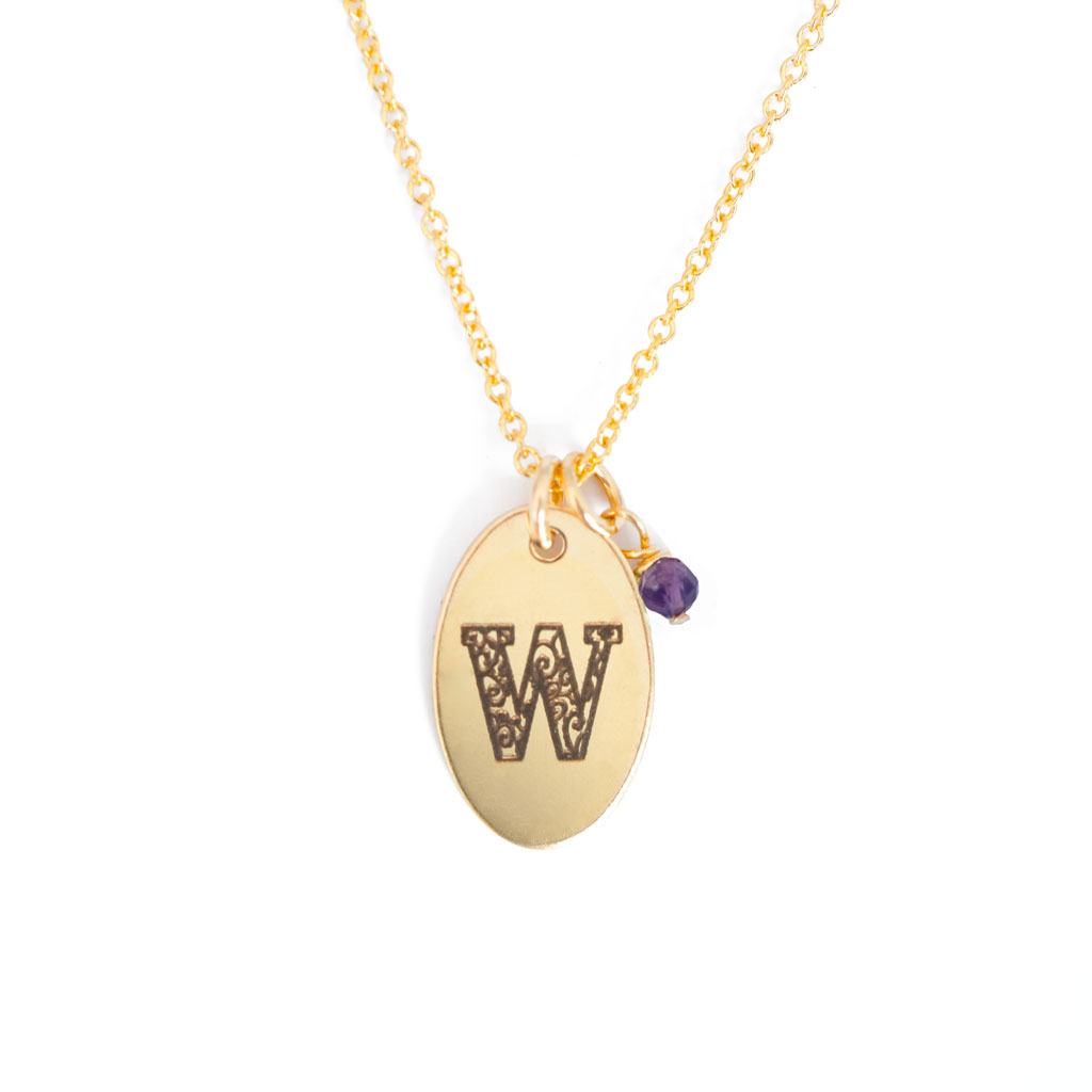 W - Birthstone Love Letters Necklace Gold and Amethyst