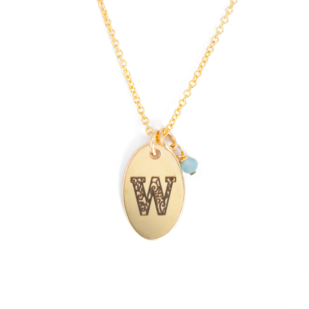 W - Birthstone Love Letters Necklace Gold and Aquamarine