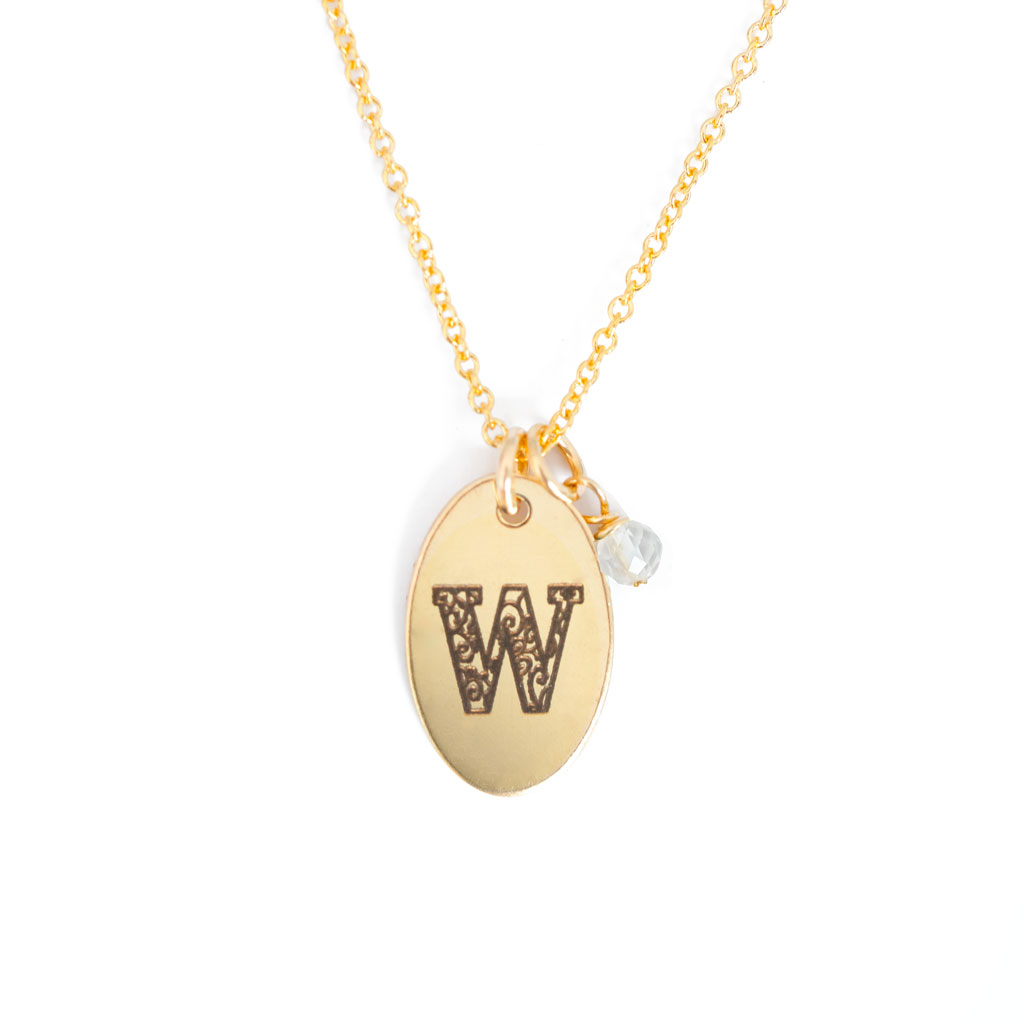 W - Birthstone Love Letters Necklace Gold and Clear Quartz