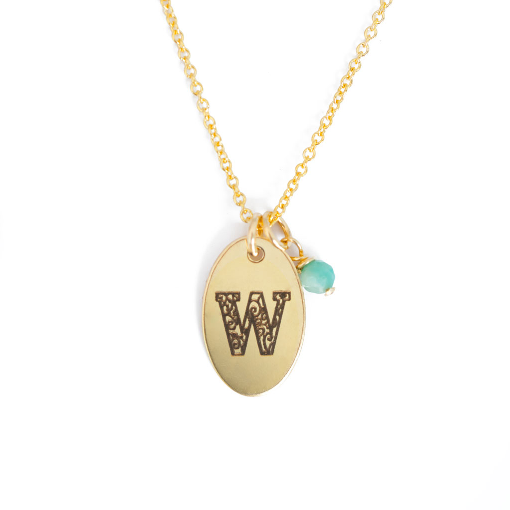 W - Birthstone Love Letters Necklace Gold and Emerald