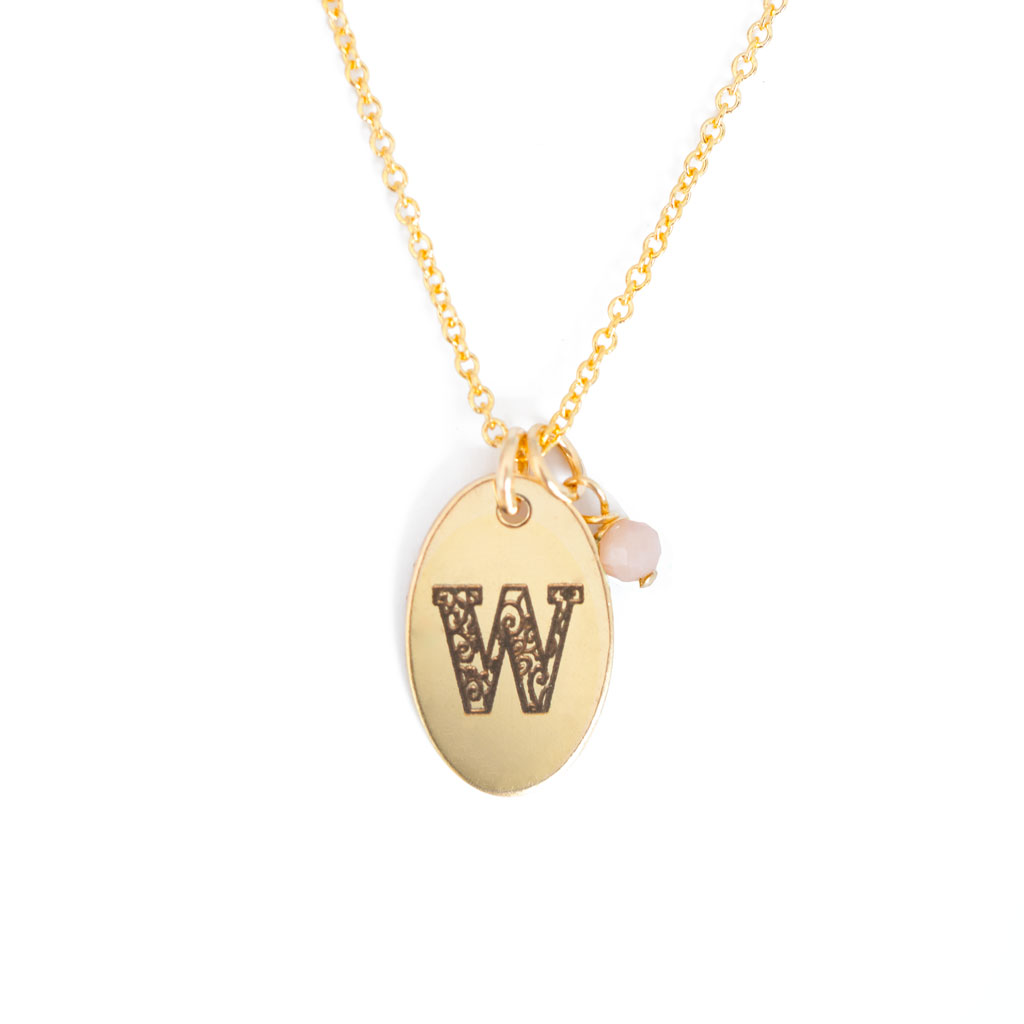 W - Birthstone Love Letters Necklace Gold and Pink Opal