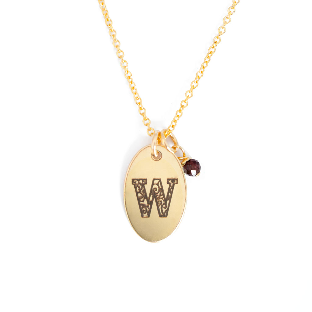 W - Birthstone Love Letters Necklace Gold and Red Garnet