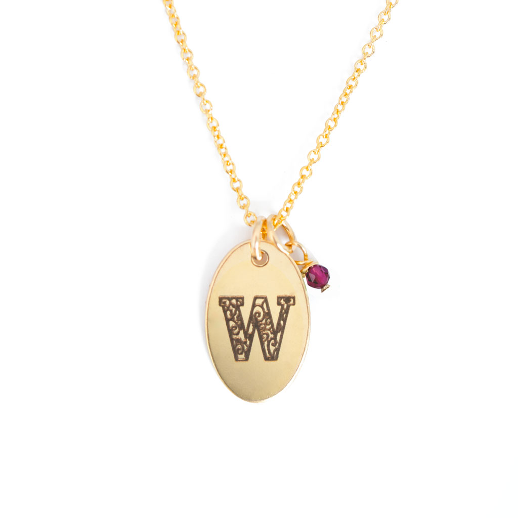 W - Birthstone Love Letters Necklace Gold and Ruby
