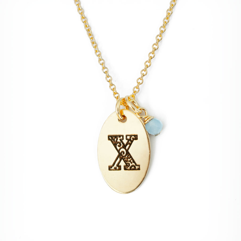 X - Birthstone Love Letters Necklace Gold and Aquamarine