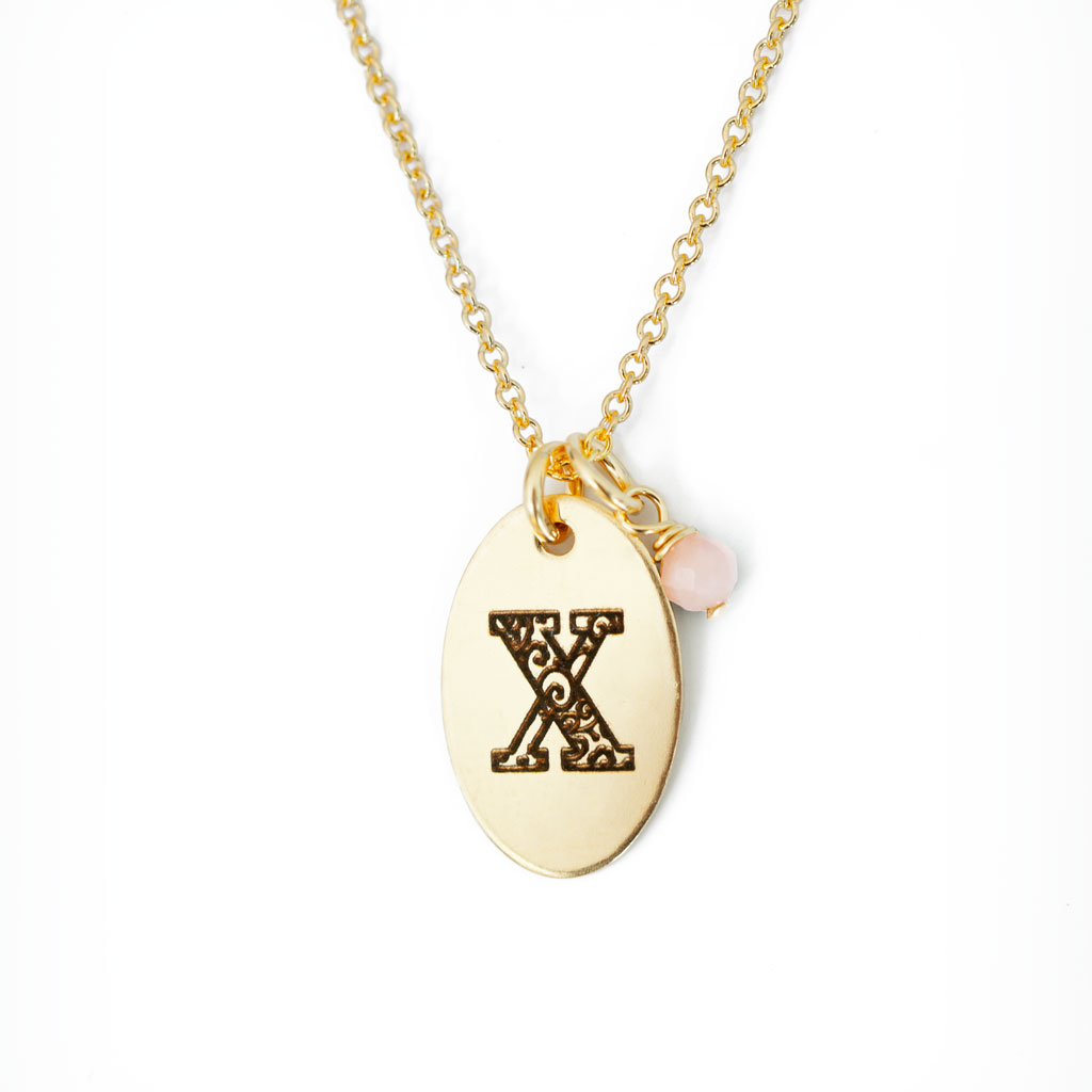 X - Birthstone Love Letters Necklace Gold and Pink Opal