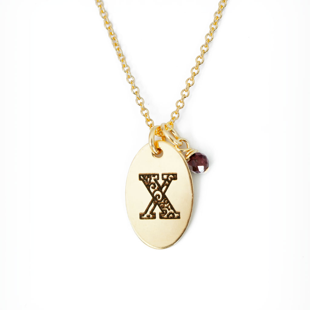 X - Birthstone Love Letters Necklace Gold and Red Garnet