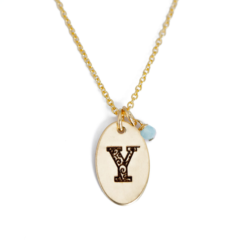 Y - Birthstone Love Letters Necklace Gold and Aquamarine