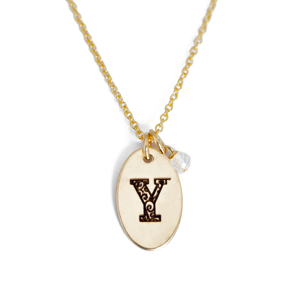 Y - Birthstone Love Letters Necklace Gold and Clear Quartz