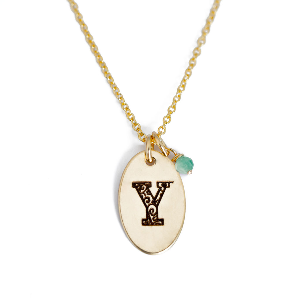 Y - Birthstone Love Letters Necklace Gold and Emerald