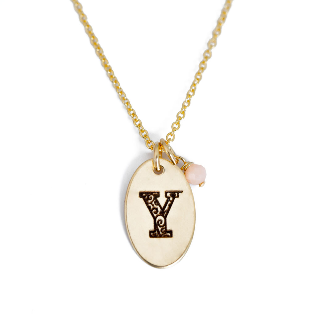 Y - Birthstone Love Letters Necklace Gold and pink Opal
