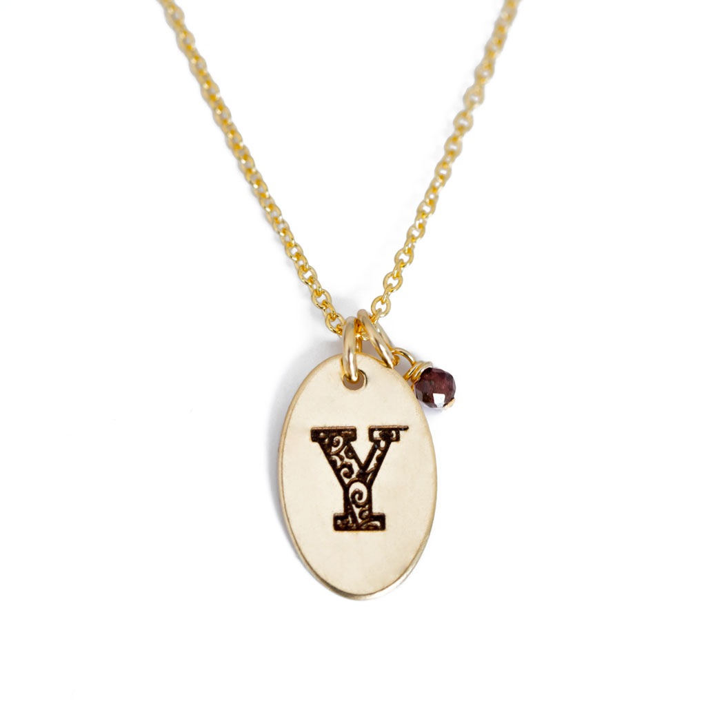 Y - Birthstone Love Letters Necklace Gold and Red Garnet