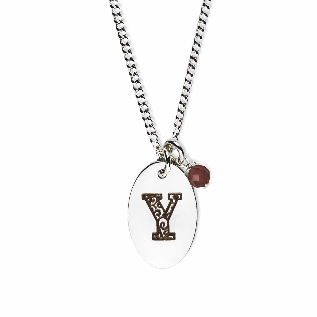 Initial-necklace-y-silver red garnet