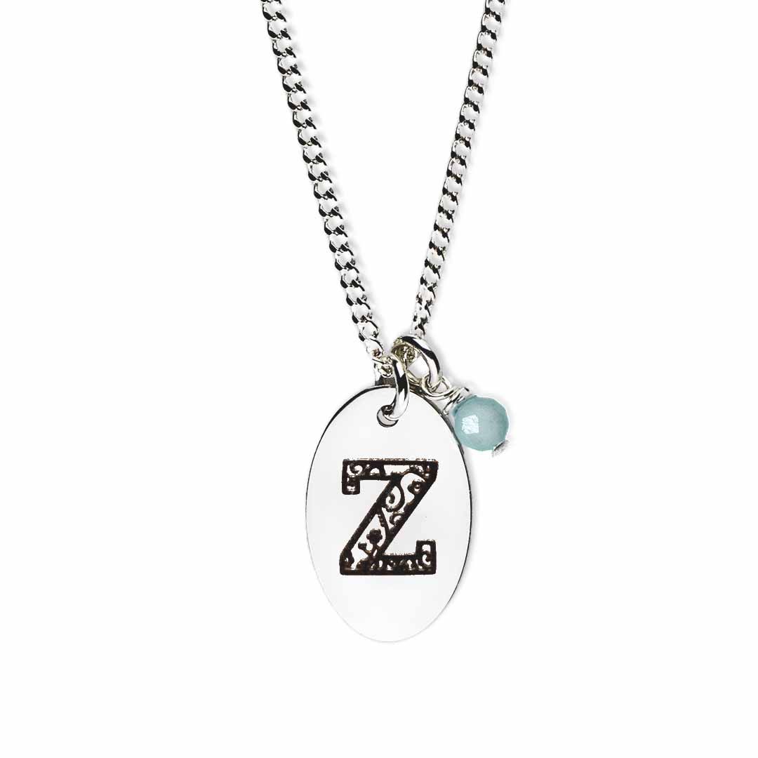 Initial-necklace-z-silver aquamarine