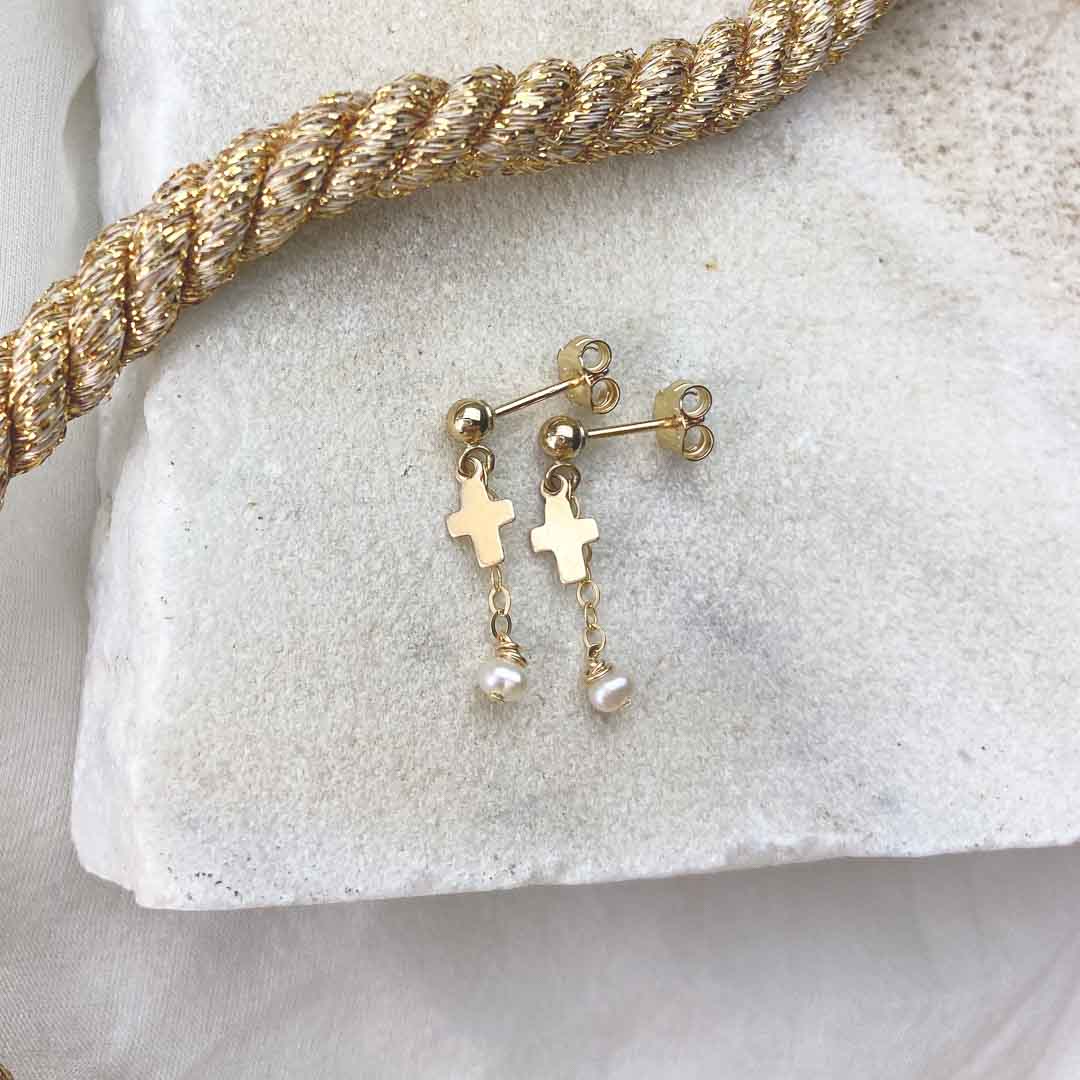 Angelic Cross Earrings - Gold and Pearl flatlay